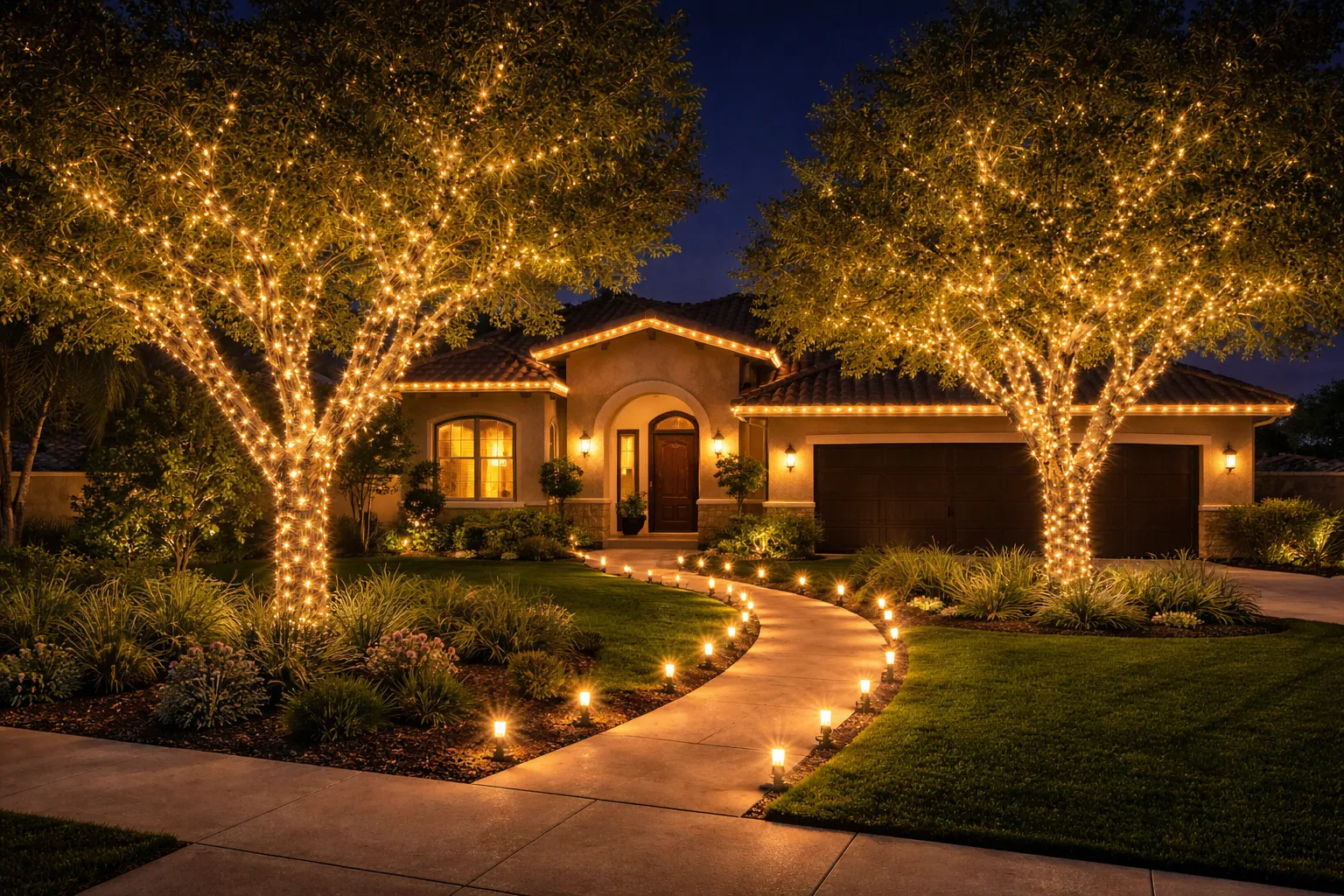 Christmas light tree wraps and pathway lighting on a Temecula home at dusk