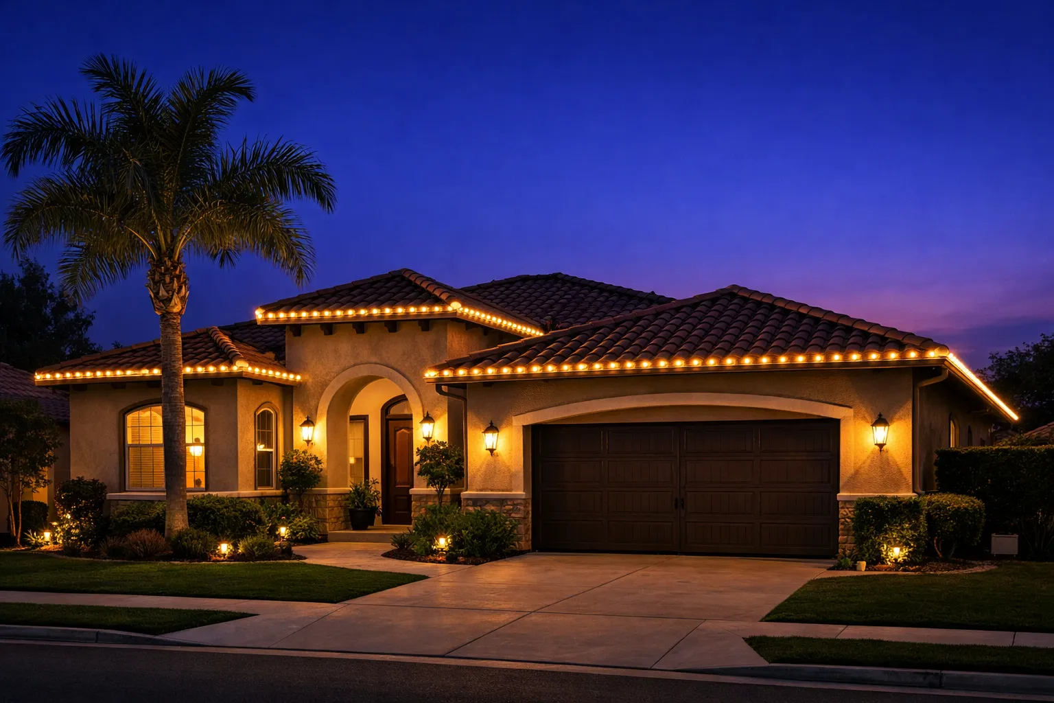 Warm white Christmas lights outlining a single-story home roofline in Temecula