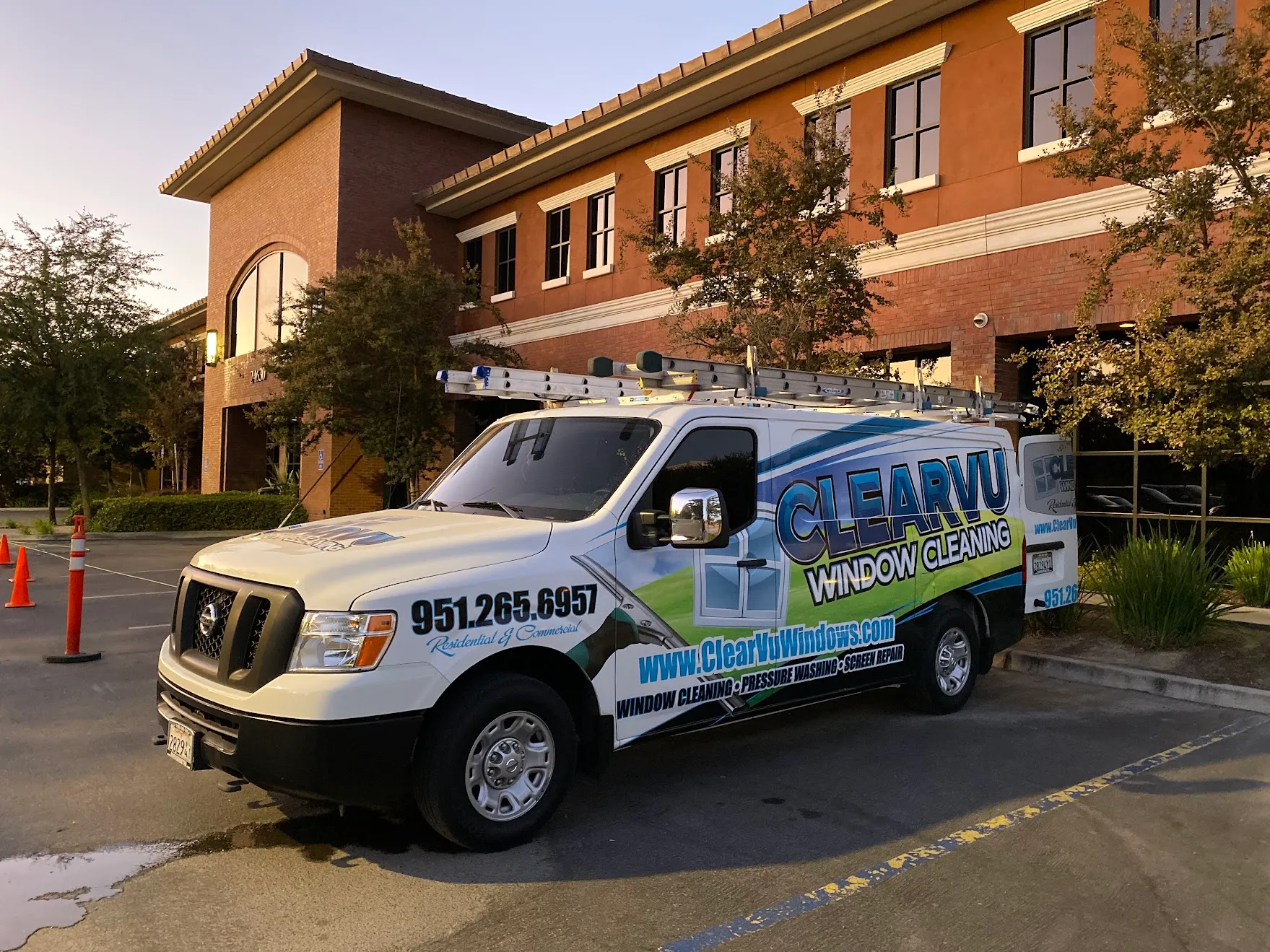 Clearvu Window Cleaning van at a commercial building in Murrieta