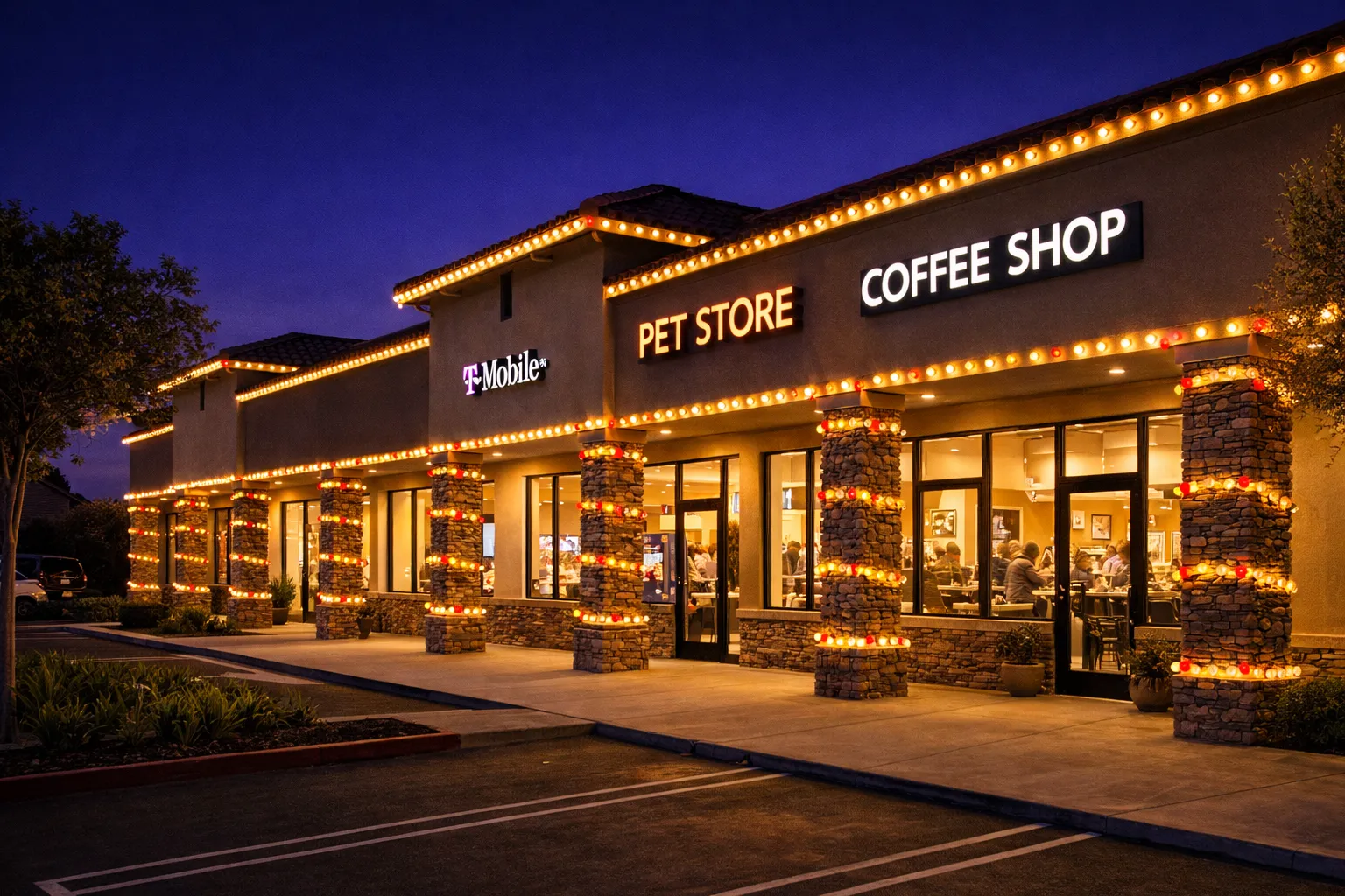 Commercial retail storefront with professional Christmas light installation