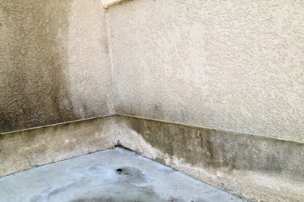 Concrete patio with mineral deposits and embedded grime