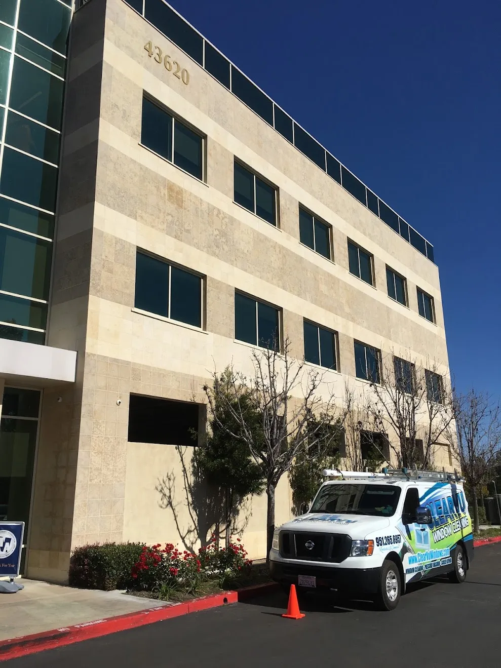 Clearvu Window Cleaning van at a multi-story office building in Temecula Valley